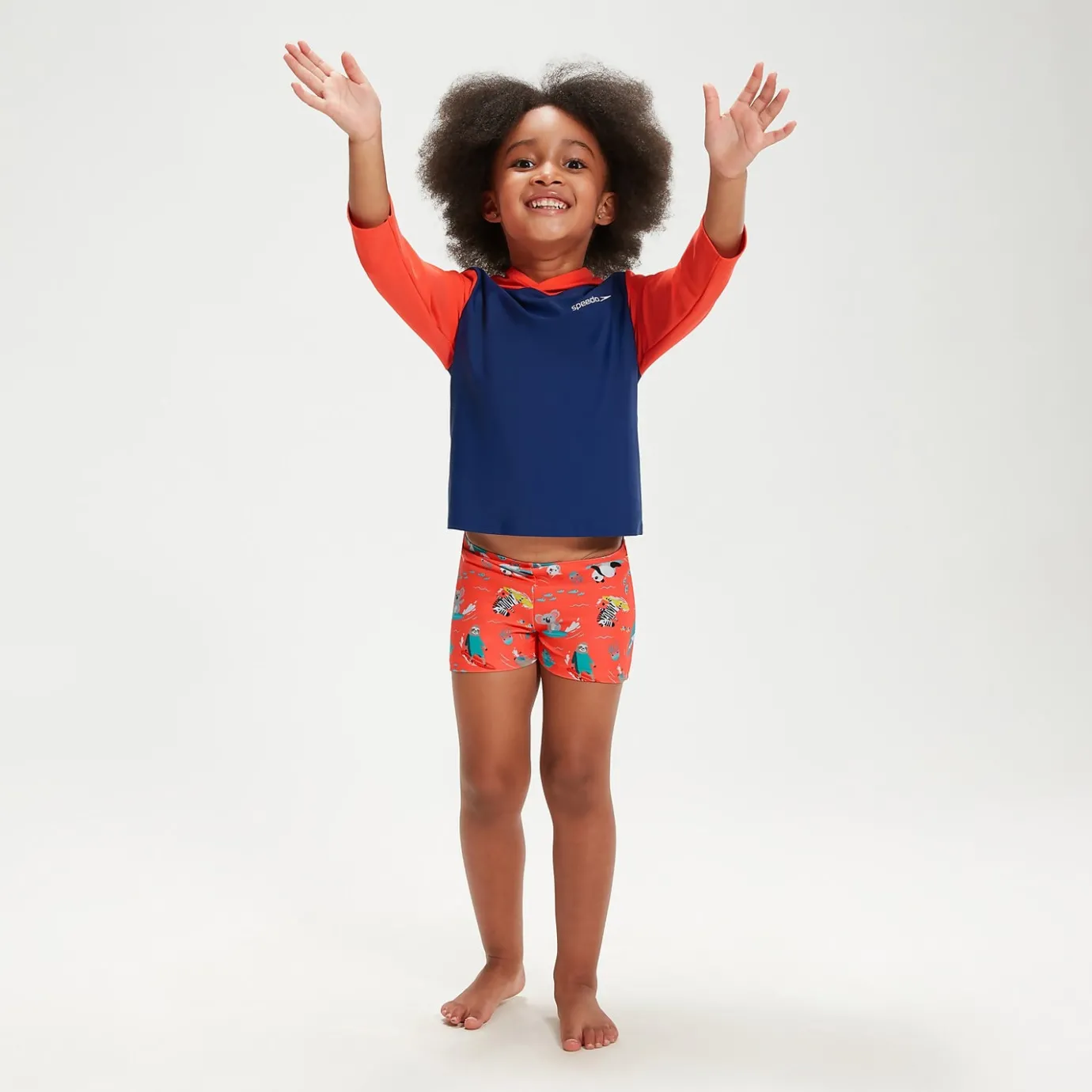 Infant Unisex Learn To Swim Essential Hooded Rash Top Blue/Coral*Speedo Discount